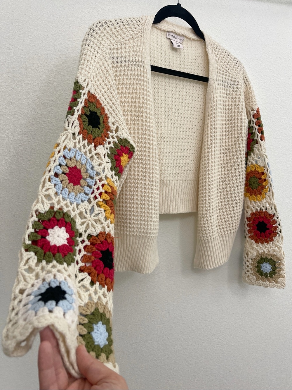 SOLD Sincerely Jules Cream Flower Crochet-Sleeve Open Cardigan Sweater